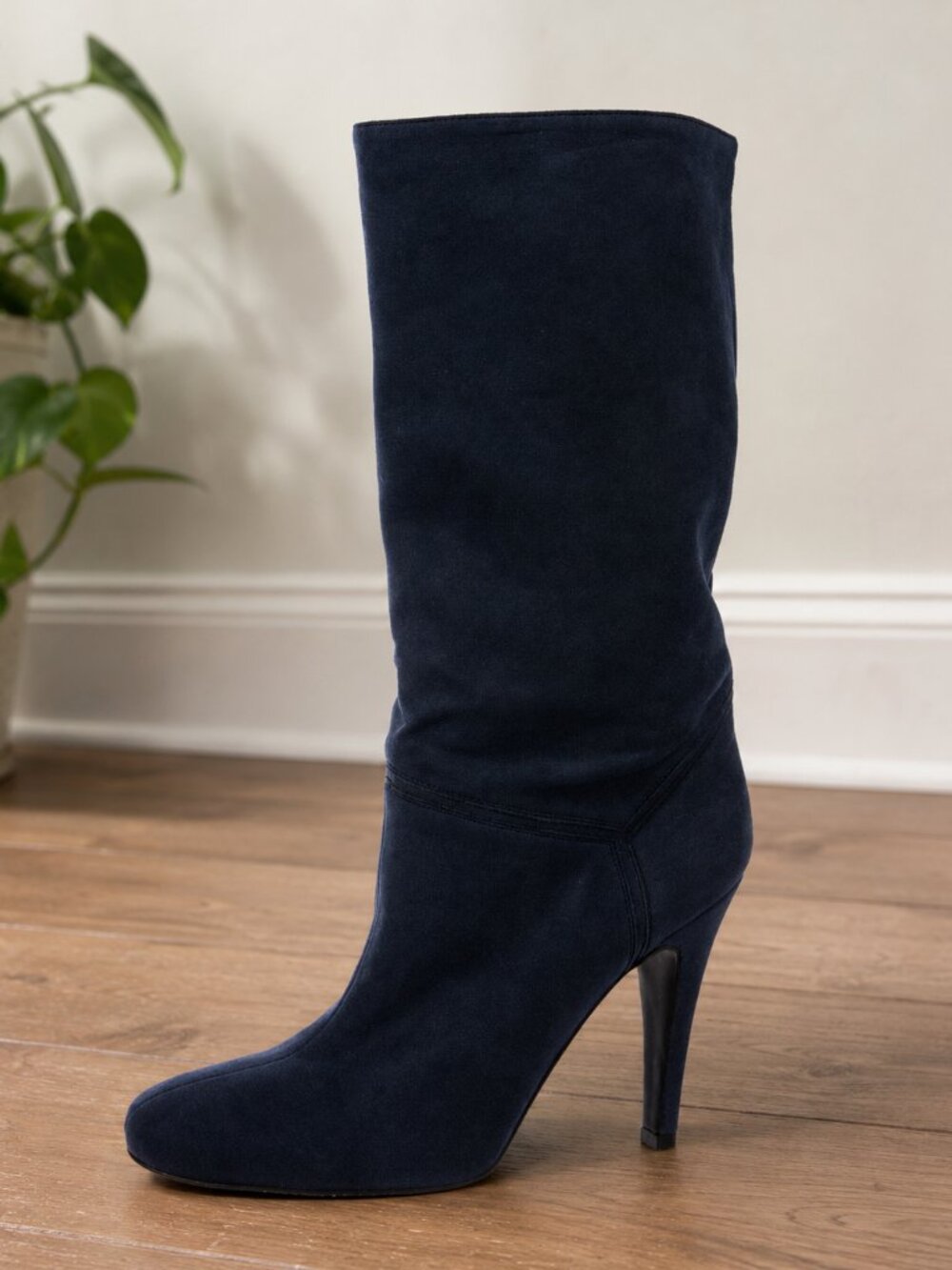 STELLA McCARTNEY Navy Suede Mid-Calf Heeled Boots | NWOT
